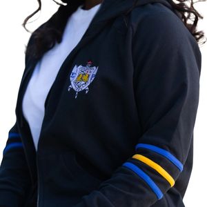 Ensemble de survêtement noir Sigma Gamma Rho pour femme, bleu avec rayures dorées, deux pièces, style décontracté athlétique, sweat à capuche zippé et pantalon de jogging, pour sororité grecque - Product Image 5