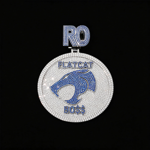 Pendentif Médaillon Panthère Boss en Moissanite de Luxe, Pierre Bleue, Style Hip Hop, Collier Rond Entièrement Sertie de Pierres, Bijou Charme - Product Image 1