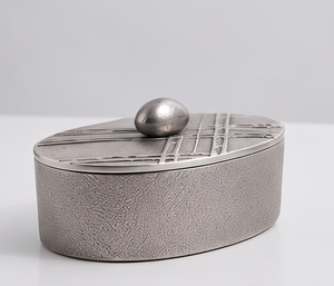 Luxury Silver Textured Metal Date And Dry Fruit Storage Box Abstract Linear Lid With Pebble Knob Finial - Product Image 3