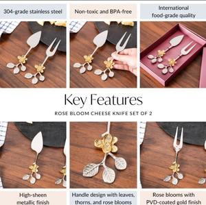 Ensemble de couteaux et fourchettes à fromage en acier inoxydable de luxe, design floral, résistant, compatible lave-vaisselle, boîte pour planches à charcuterie - Product Image 4