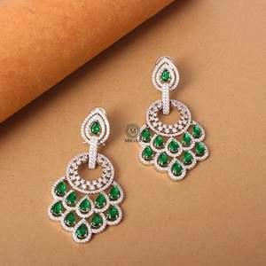 Nihara Peacock Feather Emerald Green Pendant Chandelier Earrings with Pearl - Product Image 2