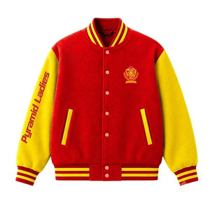 เสื้อแจ็คเก็ตนักกีฬามหาวิทยาลัย NSPDK สีแดงและเหลือง ปักลายตัวอักษรกรีก สไตล์เบสบอล สำหรับผู้หญิง - Product Image 1