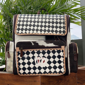 Premium Trendy Customizable High Quality OEM ODM Women Outdoor Travel Cowhide Zipper <b>Tooled</b> Leather Carry Checkered <b>Backpack</b> - Product Image 4
