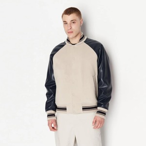 Veste universitaire pour homme, corps crème, manches en PU marine, fermeture boutonnée, col rabattu, coupe classique, style décontracté d'automne - Product Image 2