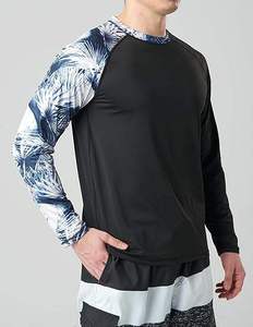 Haut de sport pour homme à manches longues, imprimé feuilles de palmier tropicales, noir et bleu marine, pour entraînement, gym, sport et natation - Product Image 1