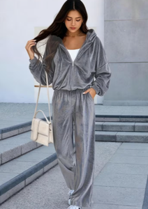 Women's Flared Hooded <b>Velvet</b> Two-Piece Sports Tracksuit Set Breathable Polyester/Cotton Long Length Casual Style - Product Image 4