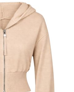Veste à capuche courte zippée beige pour femme, coupe ajustée, manches longues, style streetwear décontracté, douce et confortable, tendance, personnalisable par le fabricant - Product Image 4