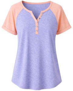 T-shirt pour femme lavande pêche à manches courtes, col Henley, haut à manches raglan, en coton doux, coupe décontractée, respirant, pour l'été et le quotidien - Product Image 1