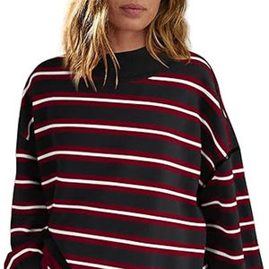 Sweat-shirt à col rond noir, rouge et blanc avec motif à rayures horizontales, manches longues, bordure contrastée des poignets, logo personnalisé, vêtements - Product Image 2