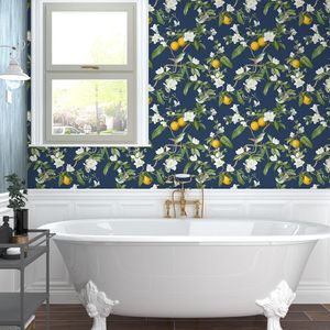 Carta da Parati Adesiva Blu Scuro con Motivi Floreali, Carta Adesiva Vintage con Uccelli, Foglie e Frutta, Impermeabile e Rimovibile, Design Botanico - Product Image 4