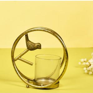 Gold Plated Metal Vase With Bird Design Circular <b>Frame</b> Modern Desktop Planter For Indoor Use - Product Image 1