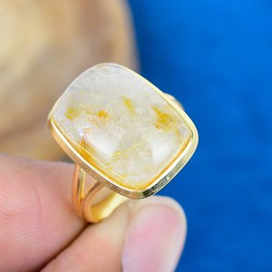 Natural Golden Rutile <b>Cushion</b> Shape Gemstone Handmade <b>Ring</b> 18k Gold Micron Over 925 Sterling Silver - Product Image 1