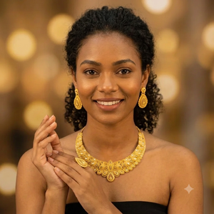 Juego de Collar, Aretes y Anillo de Lujo para Novia, Chapado en Oro de 24K, en Latón |   Diseño etíope nigeriano - Product Image 3