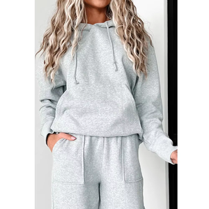 Sweat-shirt à capuche en molleton gris chiné pour femmes grandes tailles, manches longues, poche kangourou, cordon de serrage - Product Image 4