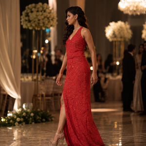 Luxury Red Halter Neck <b>Sequined</b> Evening Gown for Women | High Slit Formal Maxi Dress | Elegant Prom Party Wedding Reception Wear - Product Image 2