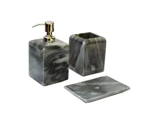 Ensemble d'accessoires de salle de bain élégant et luxueux en marbre noir avec distributeur de savon et porte-brosse à dents - Product Image 1
