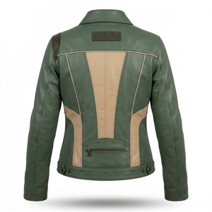 <b>Womens</b> Green Leather Trucker Jacket Vintage Contrast Trim Biker Coat Snap Button Turndown Collar Casual <b>Outerwear</b> Apparel - Product Image 2
