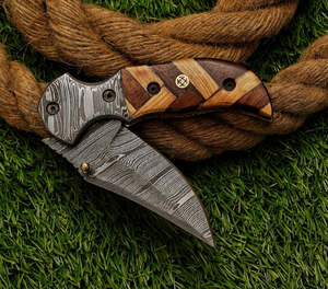 UA Supplies Industrial Grade Hand Forged Damascus Steel Clip Point Liner <b>Lock</b> Folding Pocket <b>Knife</b> Sculpted Wooden Handle - Product Image 6