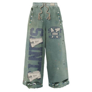 Custom 400gsm Winter Woven Vintage <b>Oversize</b> Distressed Rhinestone Acid Wash 100% Cotton Quick Dry Tracksuit Flared <b>Jogger</b> - Product Image 2