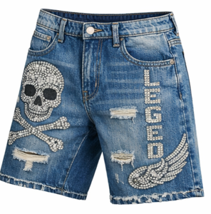 Shorts Vaqueros Personalizados para Hombre, Estilo Y2K, Cintura Media, con Pedrería, Lavado a la Piedra, Diseño Casual, 100% Algodón, Color y Talla Personalizables - Product Image 2