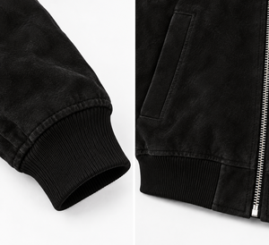 Chaqueta bomber de cuero de cabra negro personalizada para hombre, chaqueta de gamuza premium con cremallera, cuello acanalado, ropa casual de calle para hombre - Product Image 4