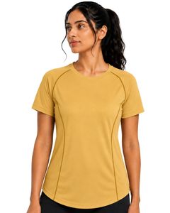 T-shirt de sport pour femme jaune moutarde personnalisé, séchage rapide, polyester, respirant, pour la course à pied, la gym, l'entraînement et le fitness - Product Image 1
