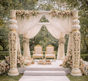Mandap Classique Blanc Élégant avec Piliers de Luxe pour Cérémonie de Mariage en Destination - Product Image 2