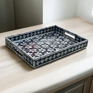 Customized Handcrafted Round Mother of Pearl Inlay Serving Tray with Modern Floral Design for Birthday Baptism - Product Image 3