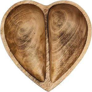 Bol en bois en forme de cœur de 10 pouces, marron, à 2 compartiments, fait main, plateau de service fonctionnel, plat de collection - Product Image 1