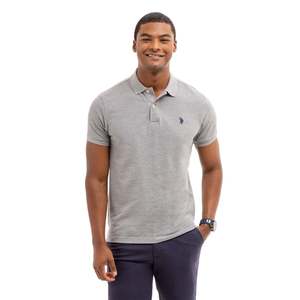 Chemise de golf pour homme, grise, manches courtes, mélange polyester/coton, imprimée, logo sur le devant, coupe classique, style preppy, respirante, tricotée 180g - Product Image 1