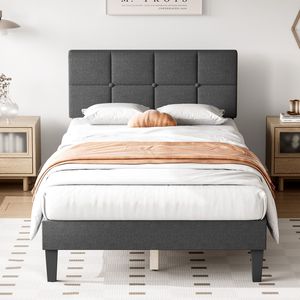 Struttura del letto con plateau imbottita in lino grigio scuro a grandezza naturale con doghe in legno massiccio da 800 libbre supporta testiera di montaggio facile senza rumore - Product Image 1