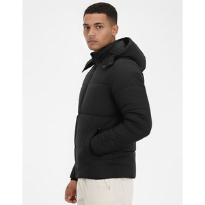 Men's Black Hooded Puffer Jacket With Zipper Closure Windproof Winter Casual <b>Coat</b> Polyester Filling Stand Collar Regular Fit - Product Image 1