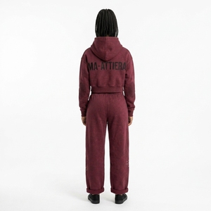 Custom Womens Acid Wash <b>Burgundy</b> Cropped Hoodie Wide Leg Sweatpants Set Cotton Fleece Streetwear Tracksuit OEM Wholesale - Product Image 2