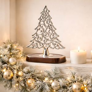 Handcrafted Antique Silver Aluminum Metal Christmas <b>Tree</b> Sculpture with Sturdy Wooden Base For Modern Home Holiday <b>Tabletop</b> - Product Image 6