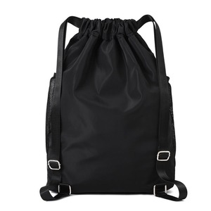 Unisex <b>Black</b> Drawstring <b>Backpack</b> With Mesh Side Pockets And Zippered Bottom Compartment For Outdoor Sports Casual Use - Product Image 6