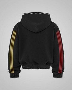 Sudadera con capucha personalizada con cremallera, estampado gráfico, ribete de pedrería, rayas en contraste en las mangas y efecto desgastado, unisex. - Product Image 2