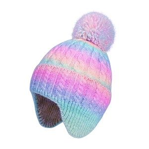 Gorros de punto a rayas con forro de satén para mujer, gruesos y holgados, con pompón de piel sintética, de invierno, acanalados, para viaje y playa - Product Image 1