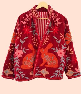 <b>Women's</b> Red <b>Velvet</b> Embroidered <b>Jacket</b> with Mandarin Collar and Rabbit Floral Pattern Rabbit Pattern <b>Jacket</b> <b>Women</b> Floral Embroid - Product Image 6