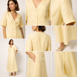 Vestido Midi con Optimización SEO, Estilo Bohemio, Ecológico, Cuello en V, Botones, Manga Corta, Casual, Lino Amarillo - Product Image 5
