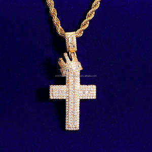 Fully Flooded Cross Pendant Necklace with VVS Moissanite Diamonds and Crown Detail in 925 Sterling Silver - Product Image 1