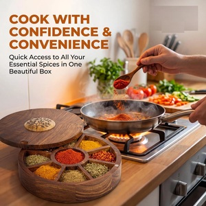 Curio Craft Round Wooden Spice <b>Box</b> with 9 Compartments and Spoon Food Grade Durable Dishwasher Safe Hand Wash Only - Product Image 2