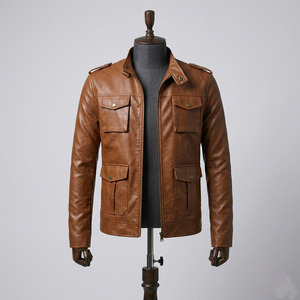Chaqueta de Cuero PU Personalizada para Hombre, Corte Ajustado, Color Marrón Claro, Estilo Casual con Múltiples Bolsillos y Epaulettes en los Hombros, Chaqueta Estilo Motero - Product Image 3