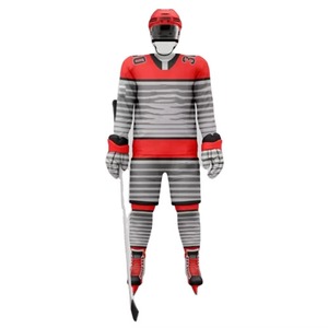 Ensemble d'uniformes de hockey sur glace personnalisés, bleu royal, rouge, blanc, design à rayures classiques, maillot imprimé par sublimation, shorts, chaussettes, gants, casque - Product Image 6