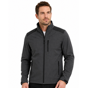 Veste softshell homme OEM gris foncé noir contrasté, col montant minimaliste, design bicolore, imperméable, fermeture éclair, poche poitrine. - Product Image 1