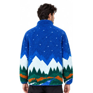 <b>Men's</b> Blue Fleece <b>Jacket</b> With Mountain Print Zipper Stand Collar Thick Winter Wear Casual Style <b>Sherpa</b> Lining - Product Image 4