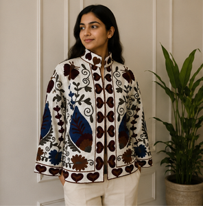 Designer Cream Suzani Cotton <b>Velvet</b> <b>Jacket</b> <b>for</b> <b>Women</b> Handmade Heart Border Floral Embroidery Wholesale Winter Fashion - Product Image 1