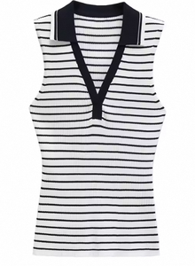 Chaleco de punto acanalado para mujer, estilo polo, vintage, a rayas, sin mangas, top casual, elegante, a la moda, camiseta sin mangas de verano - Product Image 5
