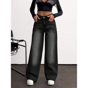 Jean droit taille haute en denim noir délavé vintage pour femme, 100 % coton écologique et respirant, style urbain tendance - Product Image 6