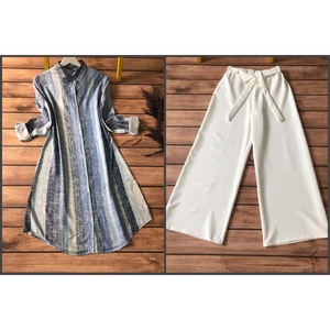 เสื้อคอตตอนพิมพ์ดิจิตอลดีไซเนอร์ใส่ทำงานด้วยสีเทาพาลาซโซ - Product Image 1