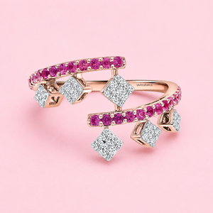 Anillo Moderno con Gema Rosa y Acentos de Piedras Blancas en Racimo, Anillo de Declaración en Oro Rosa con Engaste de Garras, Oro 10K 14K 18K, Plata 925 935 - Product Image 1
